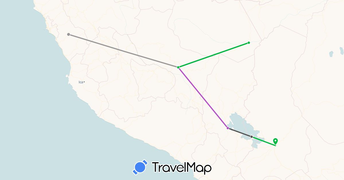 TravelMap itinerary: driving, bus, plane, train, motorbike in Bolivia, Peru (South America)